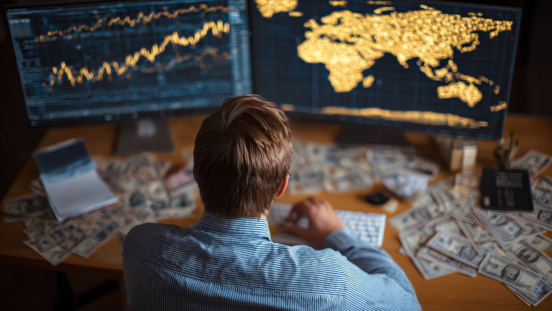 Pessoa sentada de costas em frente a dois monitores exibindo gráficos financeiros e um mapa-múndi, com notas de dinheiro espalhadas sobre a mesa, representando a análise de mercados globais e as tendências do comércio exterior, com foco em dados, economia internacional e tomada de decisões estratégicas.