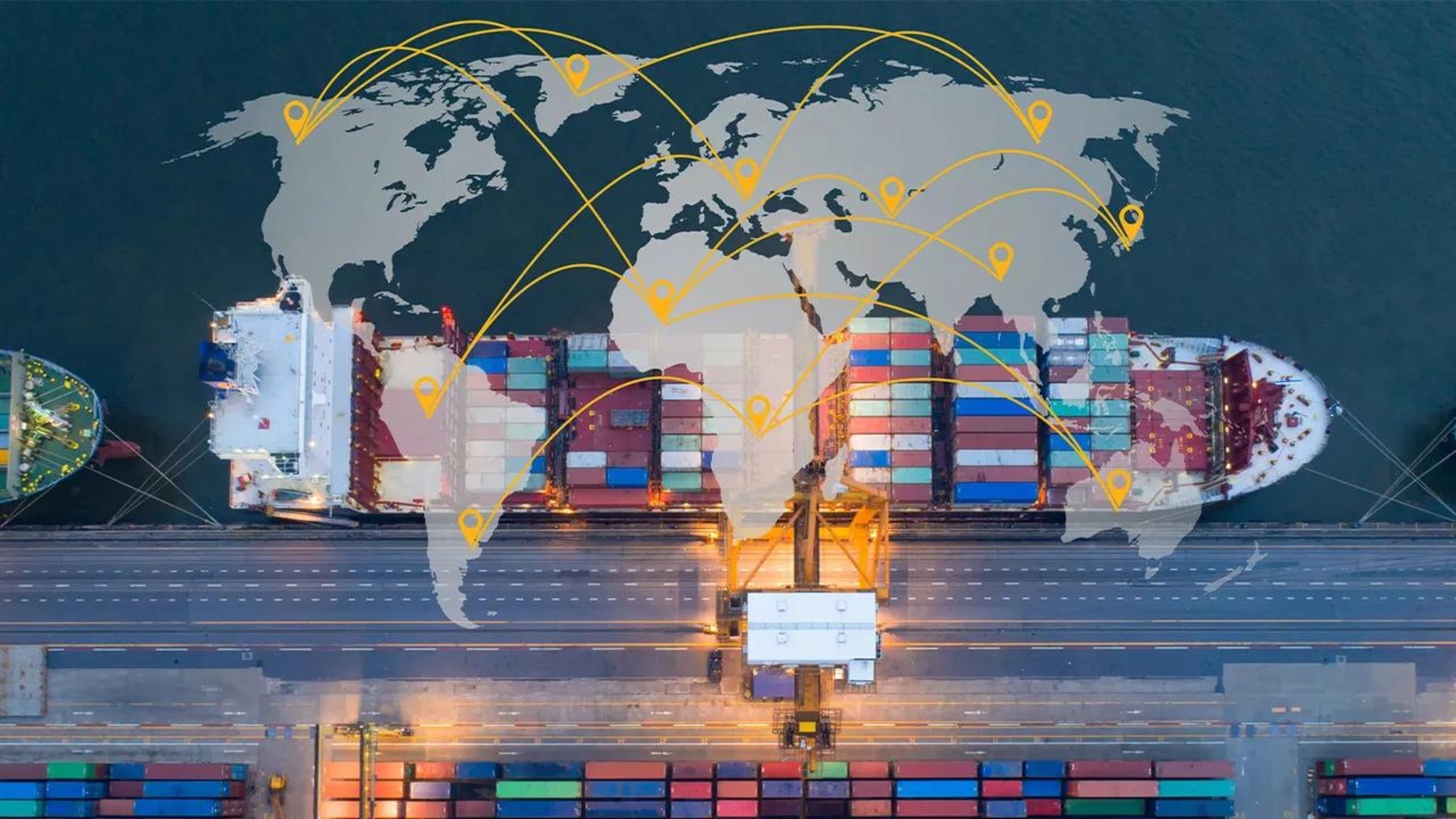 Estratégia de importação representada por navio cargueiro e rotas de comércio exterior conectando diferentes mercados no mundo